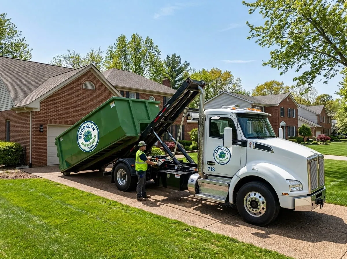 Sal Marchetti and the Brooklyn Dumpster Rental Guys team beside a company truck and dumpster in Brooklyn, NY